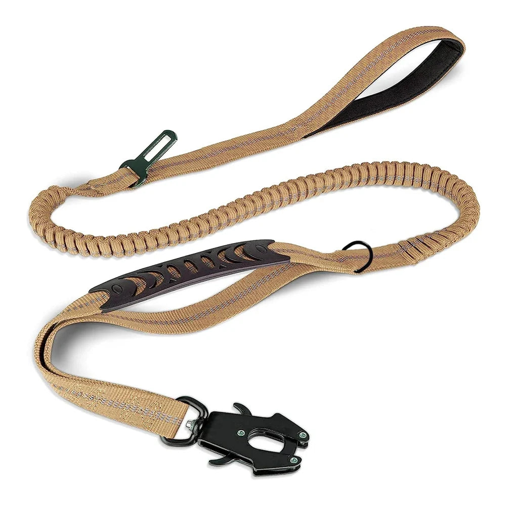 Tactical Dog Leash Heavy Duty, 4-6FT Shock Absorbing Bungee Lead with 2 Padded Handle, Metal Carabiner Clip, Car Seatbelt, Stron Dark Khaki