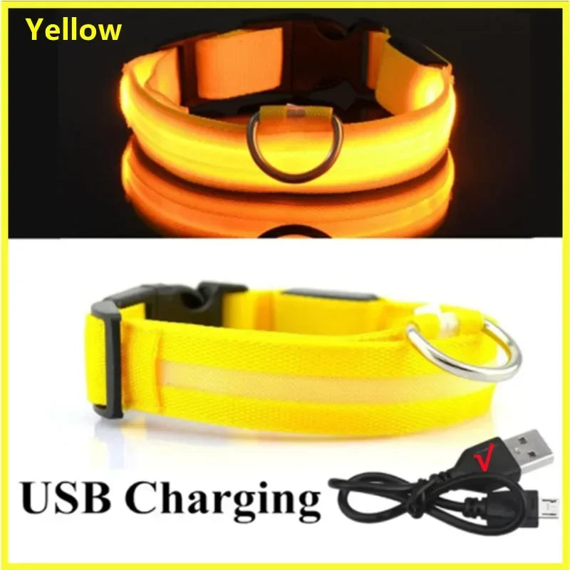 LED Dog Collar – 3-Mode USB Rechargeable or CR2032 Battery Glow Light, Adjustable Waterproof Night Safety Collar for Cats & Dogs Yellow USB Charging
