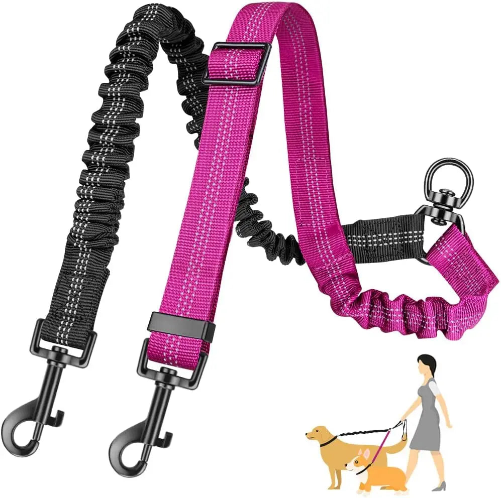 Adjustable Dual Dog Leash Coupler – No-Tangle Shock-Absorbing Bungee Splitter for Two Dogs (16.5–22.4 in / 42–60 cm, Elastic to 31.5 in / 80 cm) Rose Red