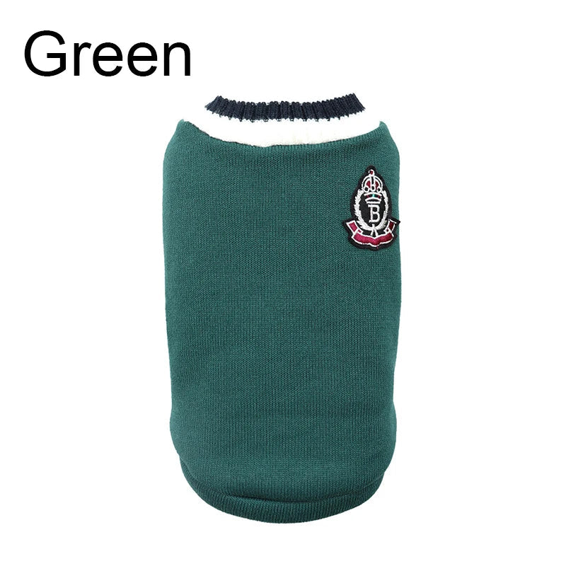 V-Neck Pet Sweater Winter Warm Puppy Vest Knitwear for Small & Medium Dogs & Cats Preppy College Style Green