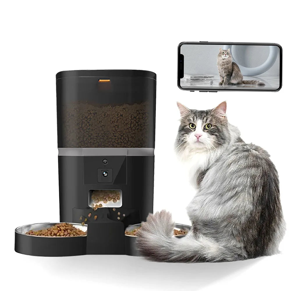 4L With HD Camera Automatic Pet Feeder Cat And Dog Food Automatic Dispenser Suitable For Two Pet Cat And Dog Feeding Remote Feed Double Meal Black 4L