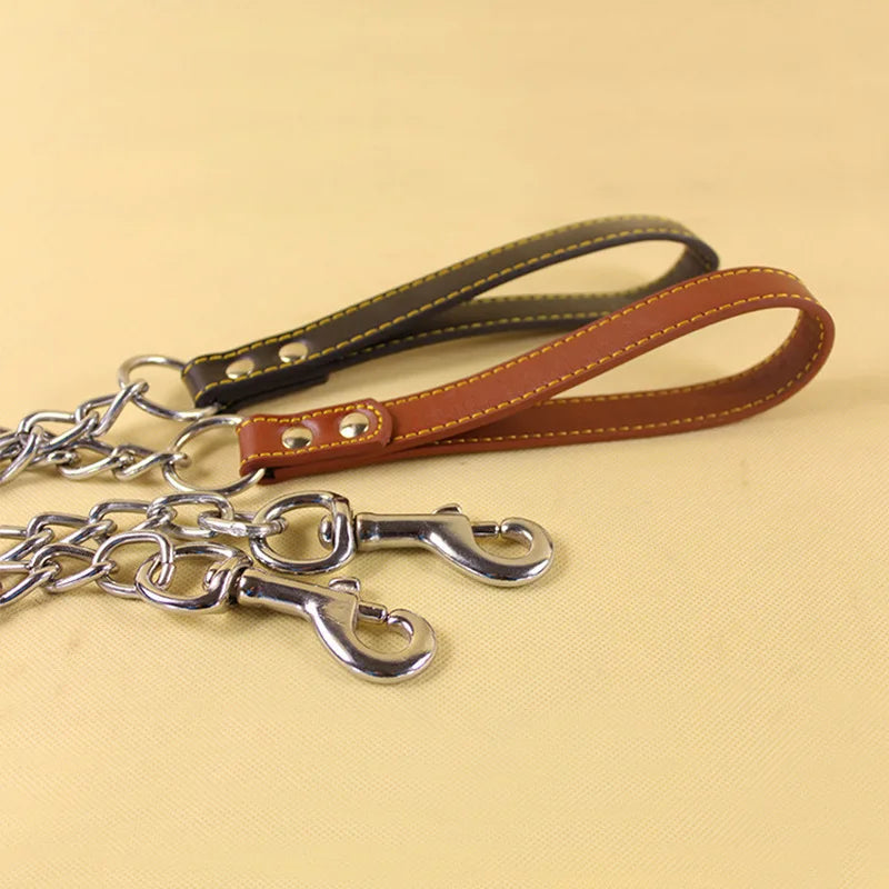 Metal Chain Dog Lead with Leather Style Handle Strong Control Leash Iron Dog Pets Supplies Collars Harnesses Chain Traction Rope