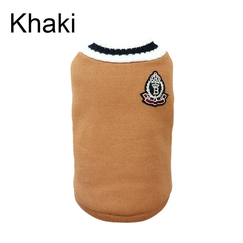 V-Neck Pet Sweater Winter Warm Puppy Vest Knitwear for Small & Medium Dogs & Cats Preppy College Style Khaki