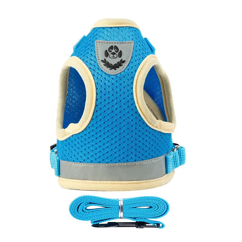 Reflective Adjustable Dog & Cat Harness Vest Set with 1.5m Leash – Breathable Mesh Puppy Kitten Harness (XS-L) Blue