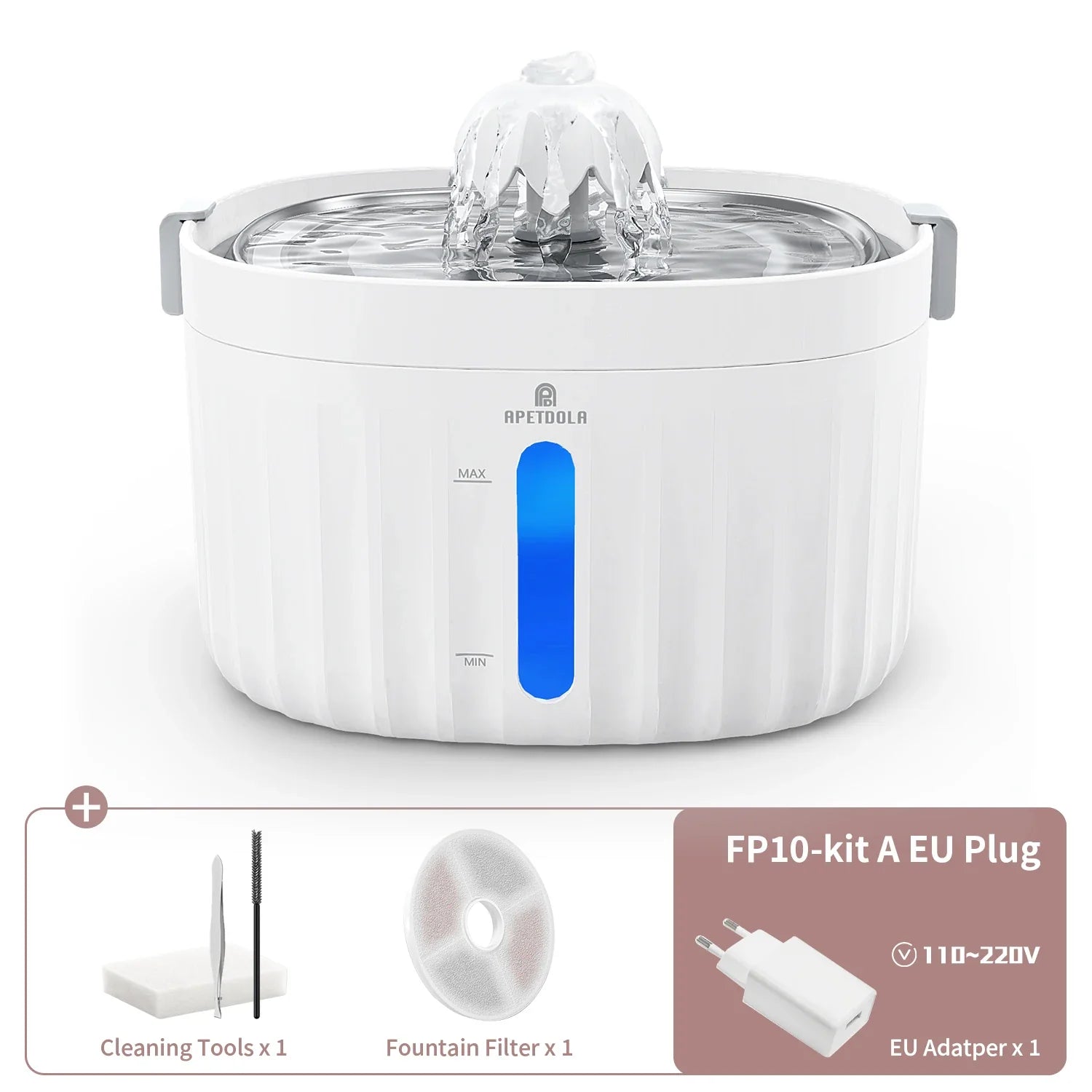 APETDOLA Cat Water Fountain Automatic Pet Water Dispenser for Cats Dogs with Stainless Steel Tray 6-level Filtering System fp10 EU Plug 2L