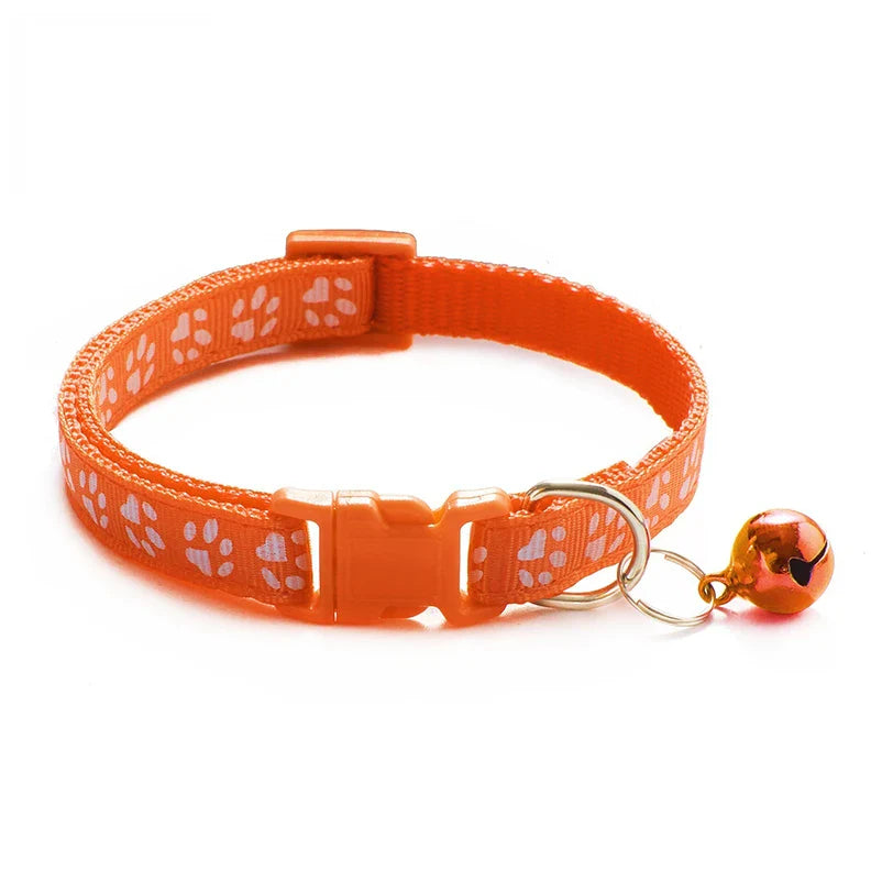 Adjustable Cat Collar with Bell and D-Ring, Dog-Print Rope Necklace, Multiple Colors S orange