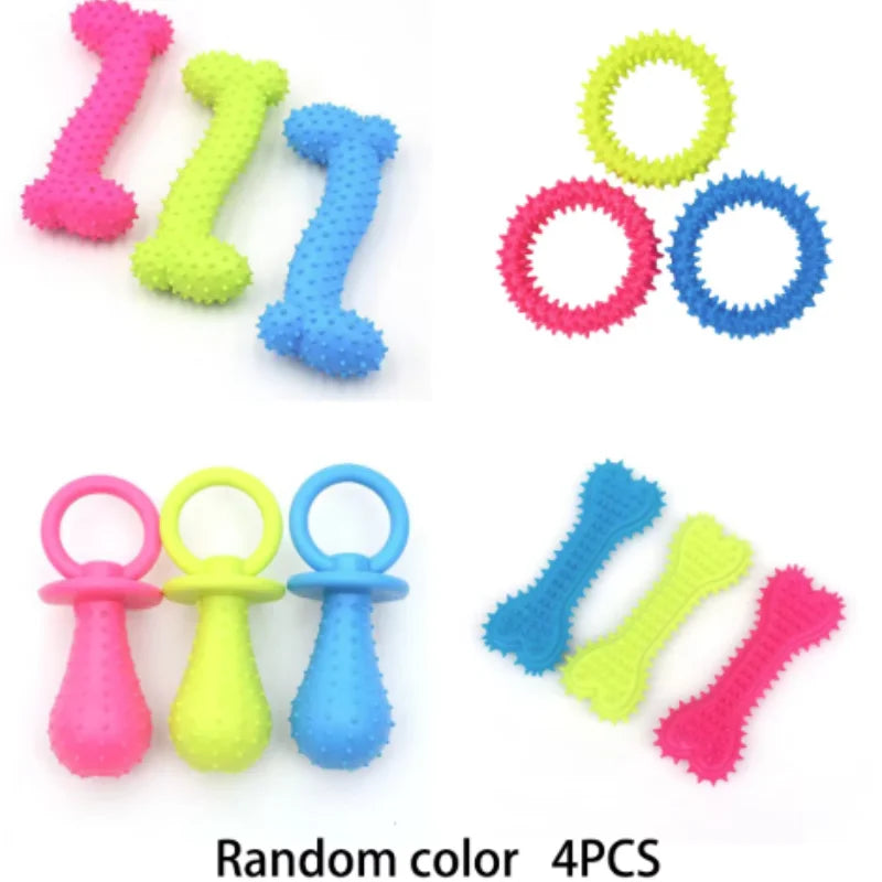 Durable Rubber Bone Chew Toy for Small Dogs - Bite-Resistant Teeth-Cleaning Training Toy 4PCS Random Color E