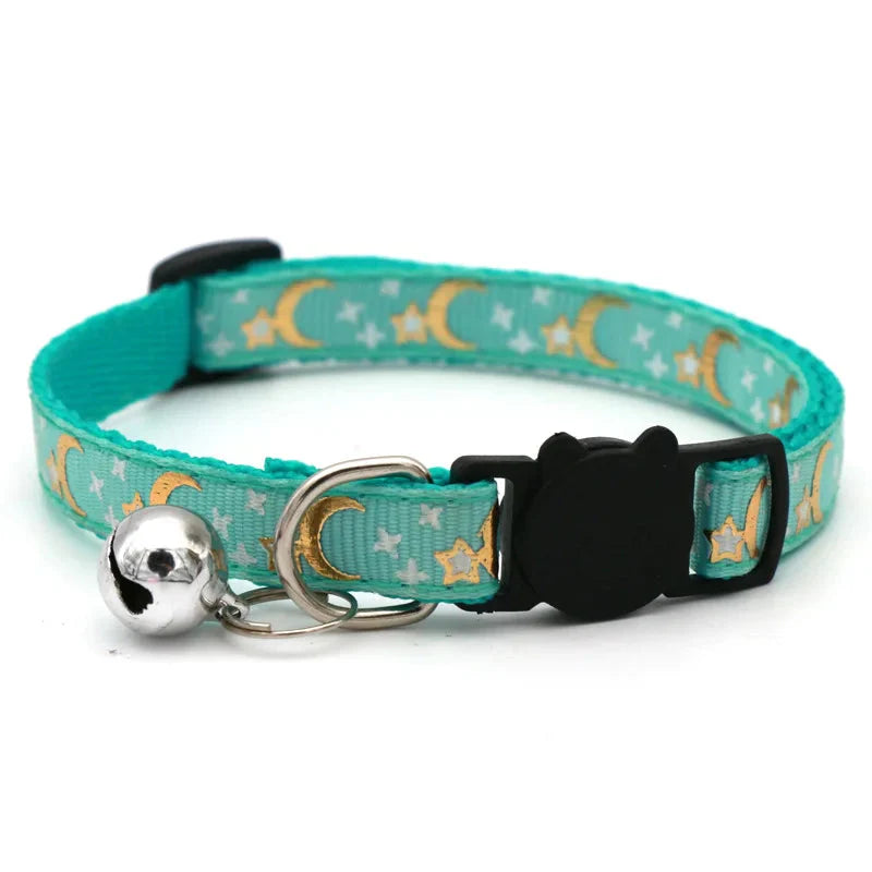 Cat Collar with Bell – Adjustable Star & Moon Pet Necklace green Adjust 19-32cm