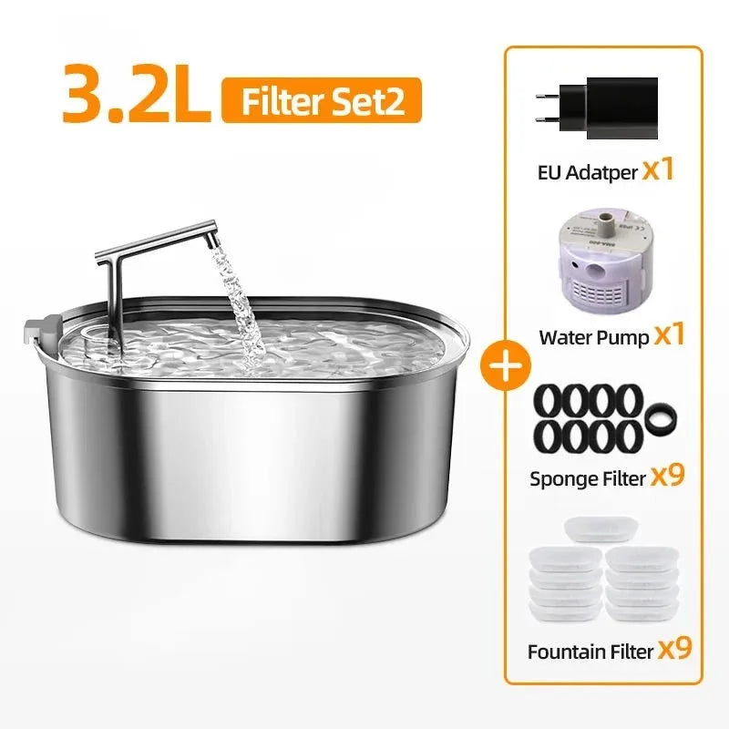ROJECO Stainless Steel Cat Water Fountain Automatic Cat Drinker Drinking Fountain For Cats Dogs Pet Water Dispenser Accessories Filter Set2