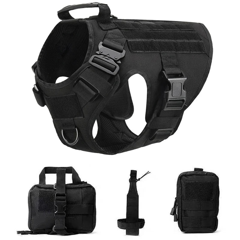 Tactical Military Vest Pet German Shepherd Golden Retriever Tactical Training Dog Harness and Leash Set For All Breeds Dogs Black 4 piece set