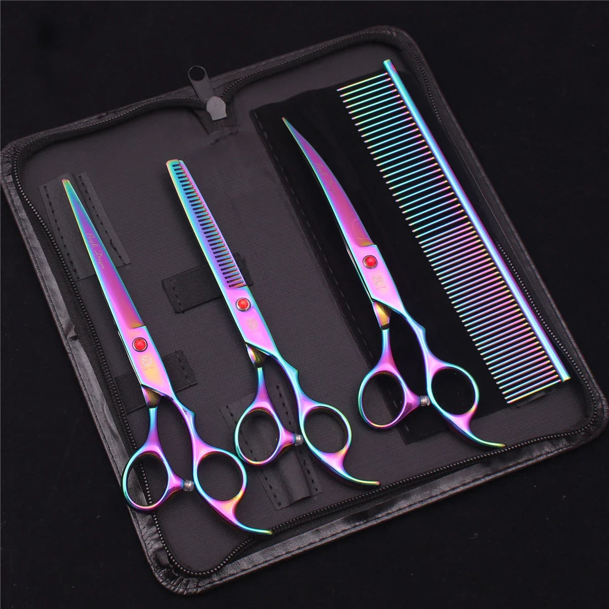 7-Inch (19.5 cm) Stainless Steel Pet Grooming Scissors Kit – Straight, Thinning, Chunker & Curved Shears Z3003-Cai-D4