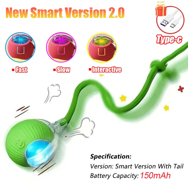Interactive Automatic Rolling Ball Toy for Cats and Dogs, Rechargeable Smart Pet Toy with Faux Tail Version 2.0 Green
