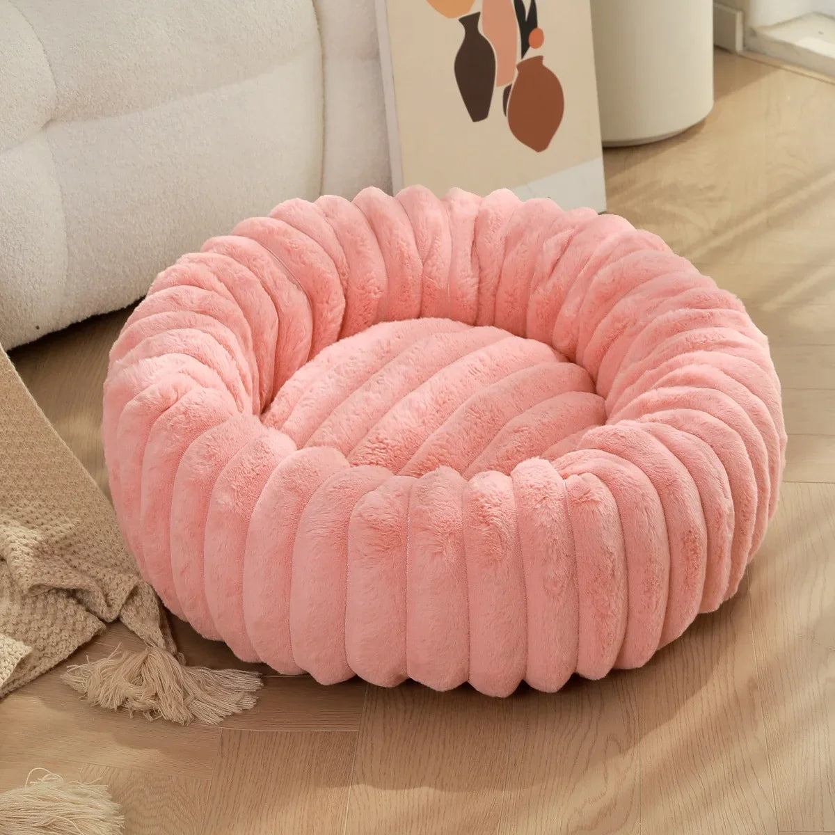 Large Round Pet Bed – Washable Faux Fur Dog & Cat Sofa, All-Season Cozy Plush CW0054-Pink