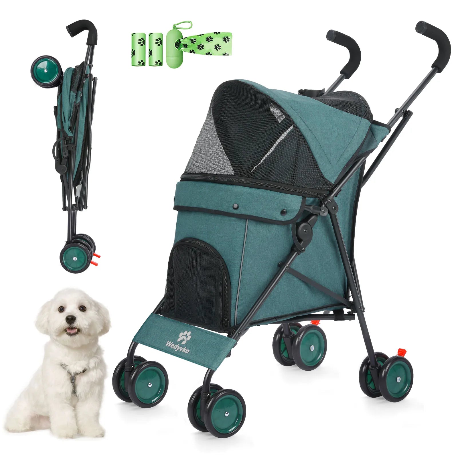 4-Wheel Pet Stroller for Dogs & Cats with Rotating Front Wheels, Brakes and Storage for Travel & Outdoor Deep green United States