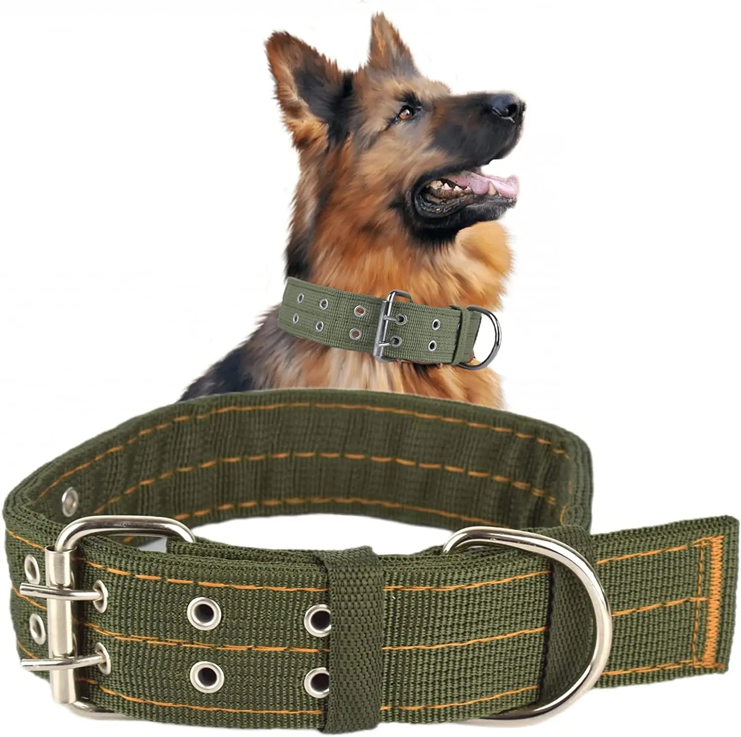 Heavy Duty Wide Military Thick Dog Collars for Large Dogs Adjustable Strong Nylon Tactical Pet Collar with 2-Rows Metal Buckle Army green