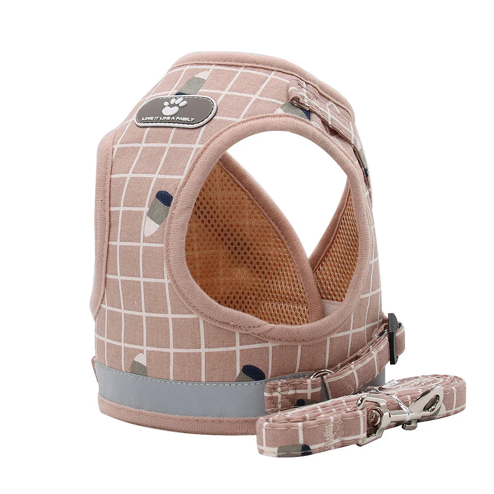 Adjustable Breathable Pet Harness with Reflective Leash for Puppies, Small Dogs & Cats Pink
