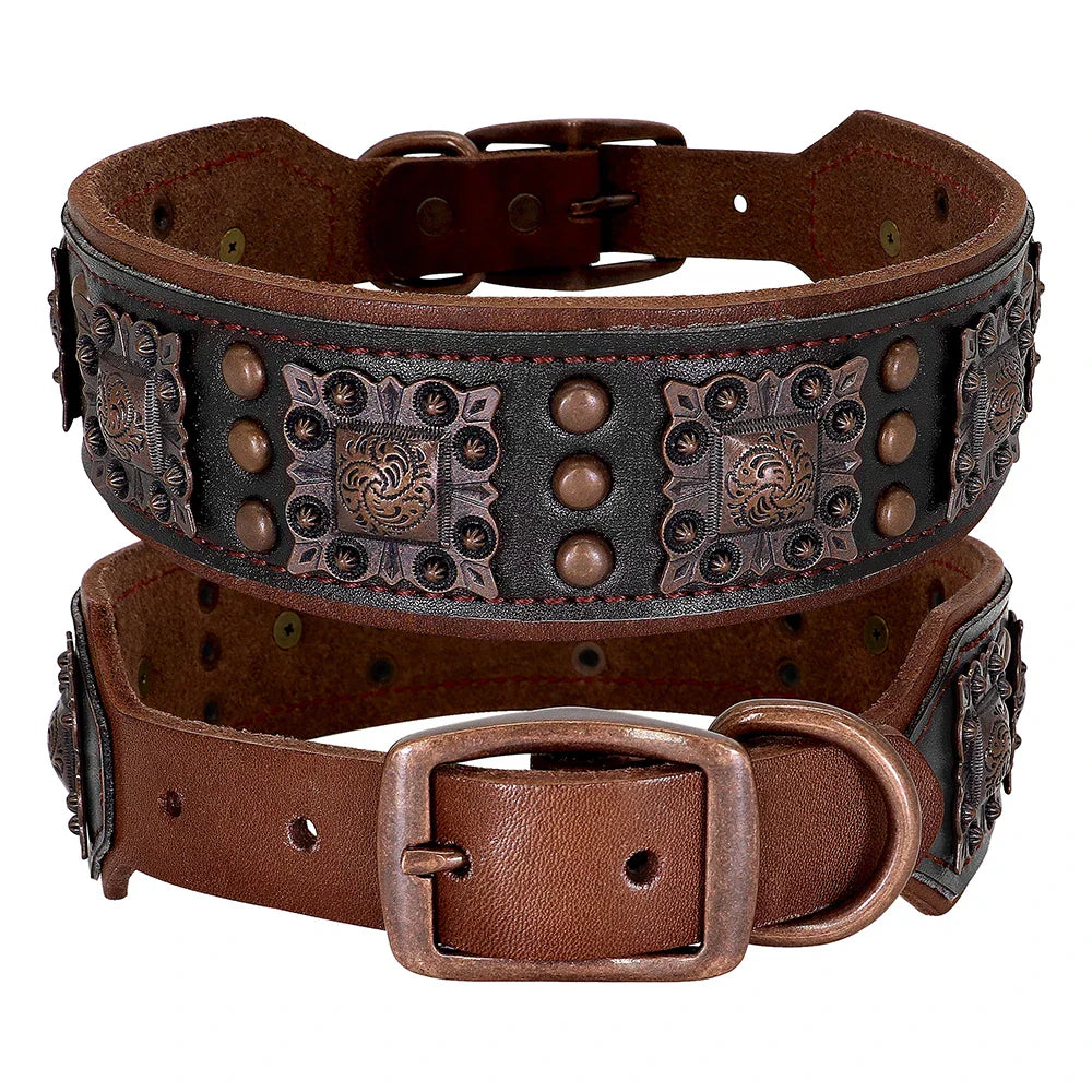 Genuine Leather Spiked Dog Collar – Adjustable L/XL for Medium & Large Dogs (Pitbull, Bulldog, German Shepherd) – Black Brown Green black