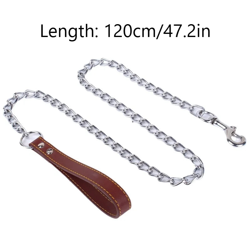 Metal Chain Dog Lead with Leather Style Handle Strong Control Leash Iron Dog Pets Supplies Collars Harnesses Chain Traction Rope
