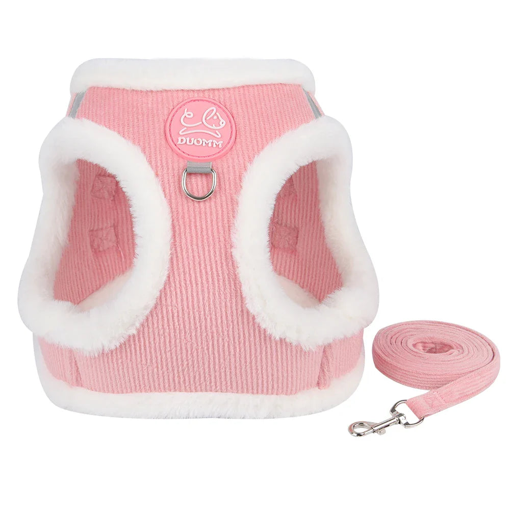 Fur-Lined Winter Dog Harness & Leash Set — Warm Plush Pet Harness for Chihuahua, Yorkie & Small Puppies Pink