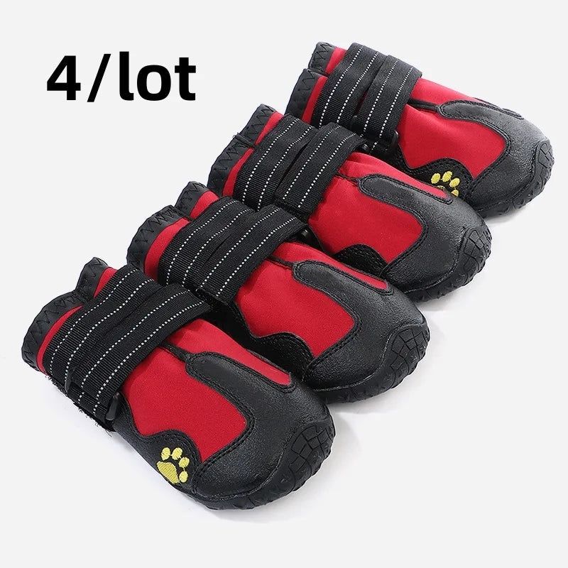 Waterproof Dog Boots 4-Pack – Warm Snow & Rain Booties for Medium/Large Dogs, Reflective Anti-Slip Pet Shoes red