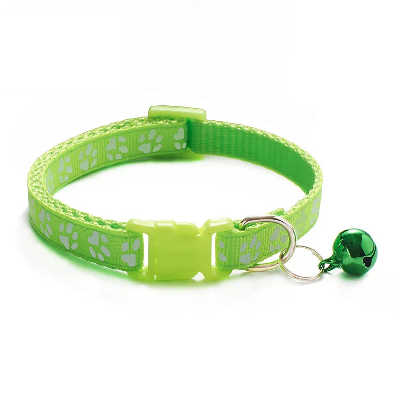 Adjustable Cat Collar with Bell and D-Ring, Dog-Print Rope Necklace, Multiple Colors S fluorescent green