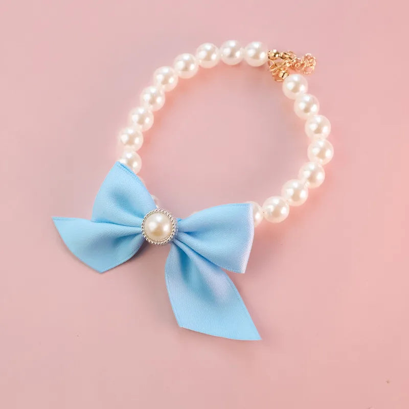 1Pcs New Pet Collar Pearl Bow Necklace Cat Jewelry Cute Collar Puppy Accessories Dog Chain Chihuahua Wedding Jewelry Stuff blue