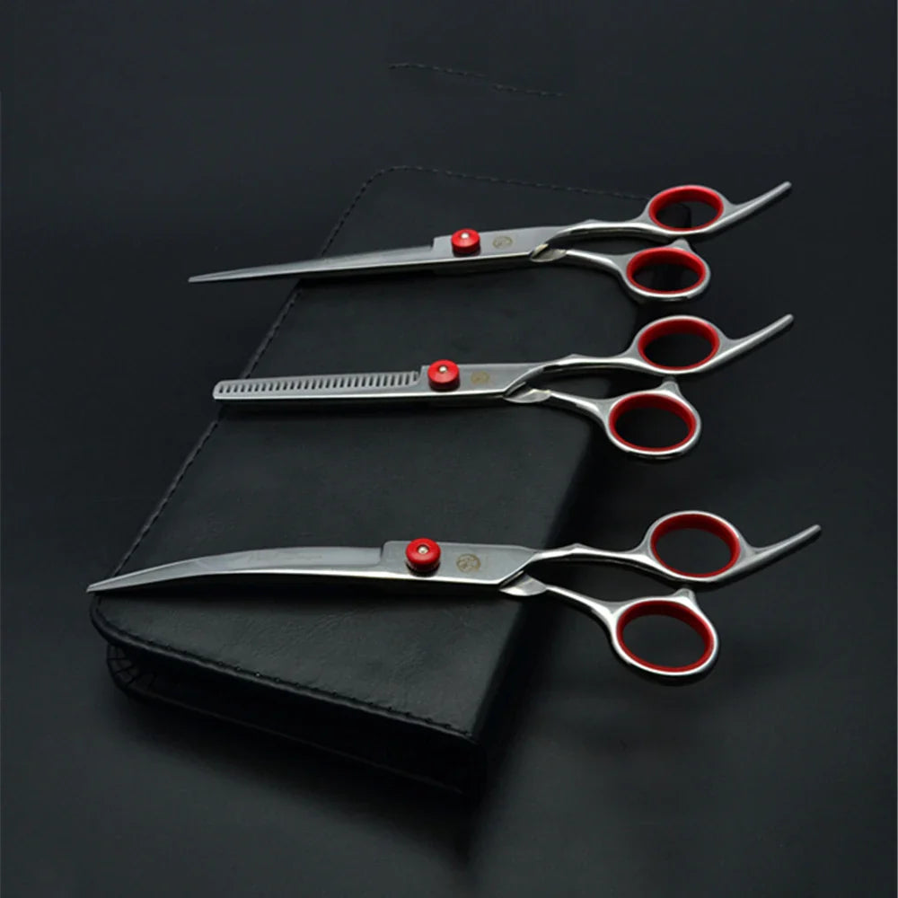 Professional Dog Grooming Scissors Set - 6" (15.2 cm) & 7" (17.8 cm) Stainless Steel Thinning & Curved Pet Shears 7 inch Z3001-Hong-D3-7Y