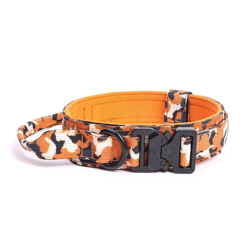 Tactical Dog Collar with Handle Heavy Duty Nylon Collar for Medium Large Dogs Adjustable Camo Pet Collar with Metal Buckle Orang