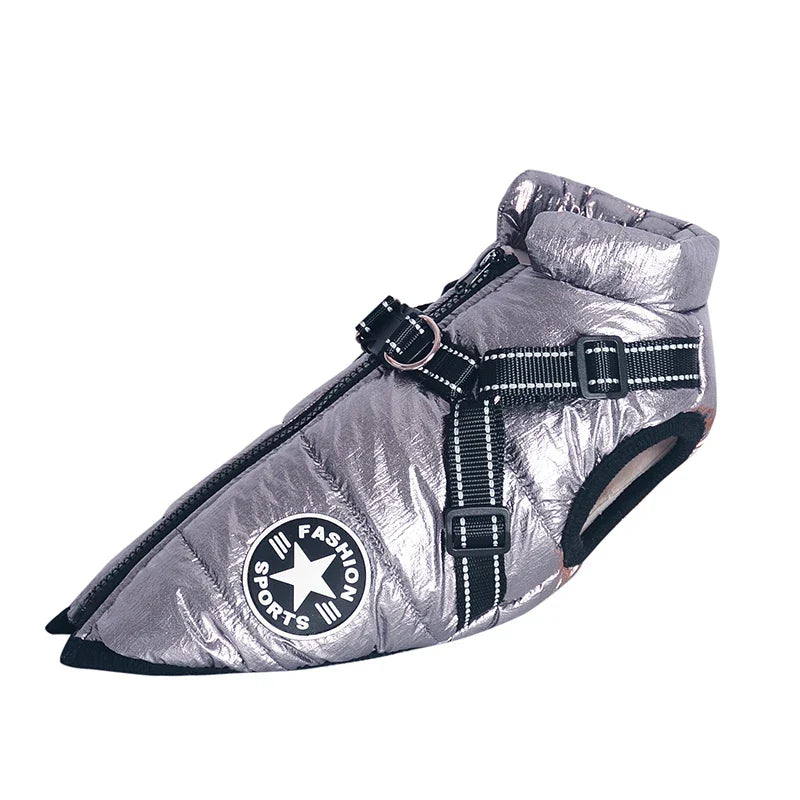 Waterproof Winter Dog Jacket with Built-In Harness, Fleece-Lined & Reflective – Warm Coat for Small to Large Breeds Silver Gray