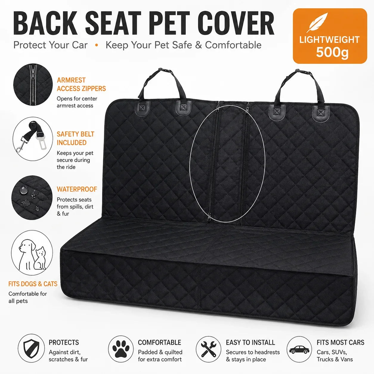 Waterproof Dog Car Seat Cover Rear Bench Pet Seat Protector Lightweight Quilted Back Seat Mat for Dogs Cats SUVs Cars Trucks