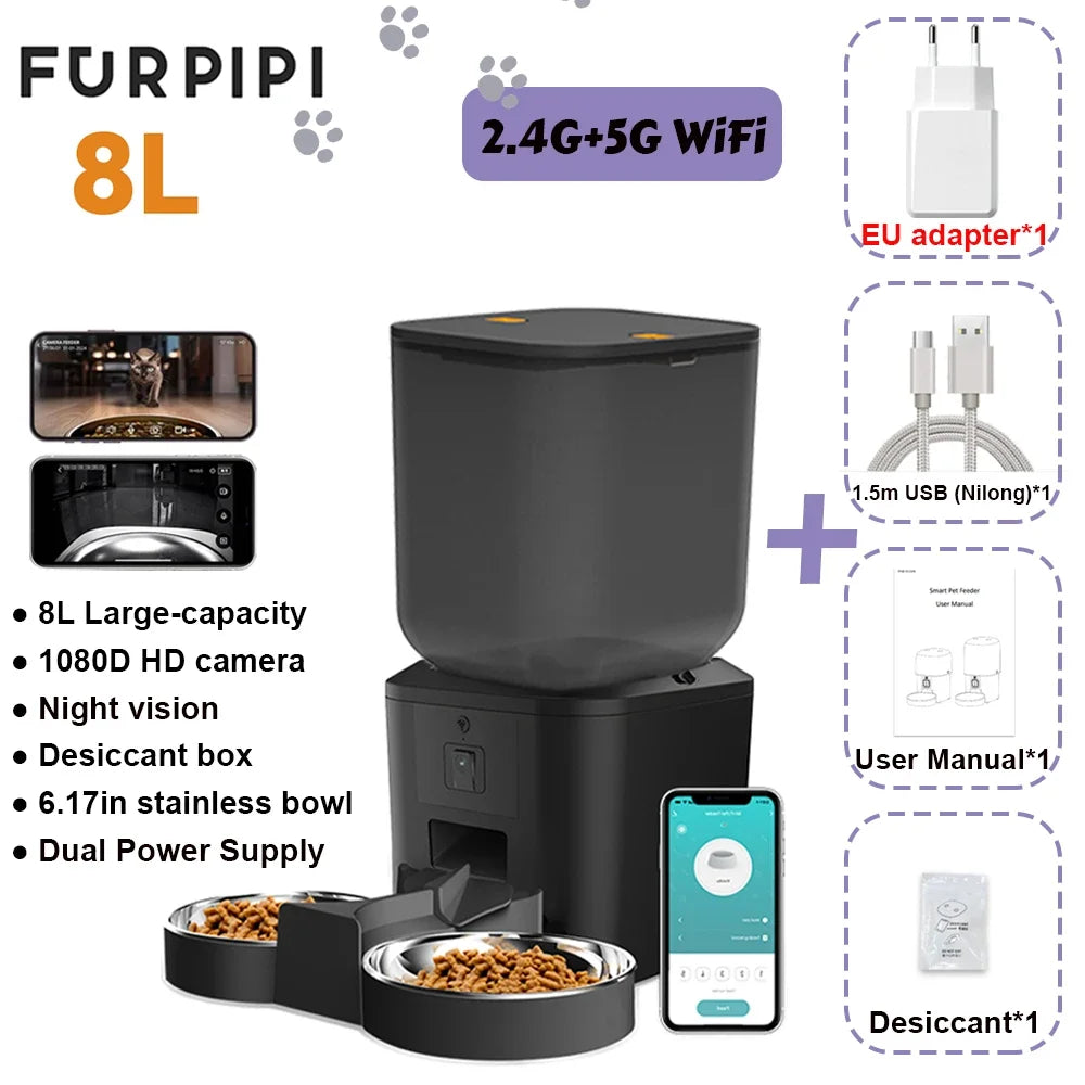 Furpipi 8L Smart Automatic Cat Feeders with 1080P HD Camera 5G WiFi Pet Feeder Tuya APP Control Automatic Cat Dog Food Dispenser 5G 1080P Bowl x2 B Food-grade ABS