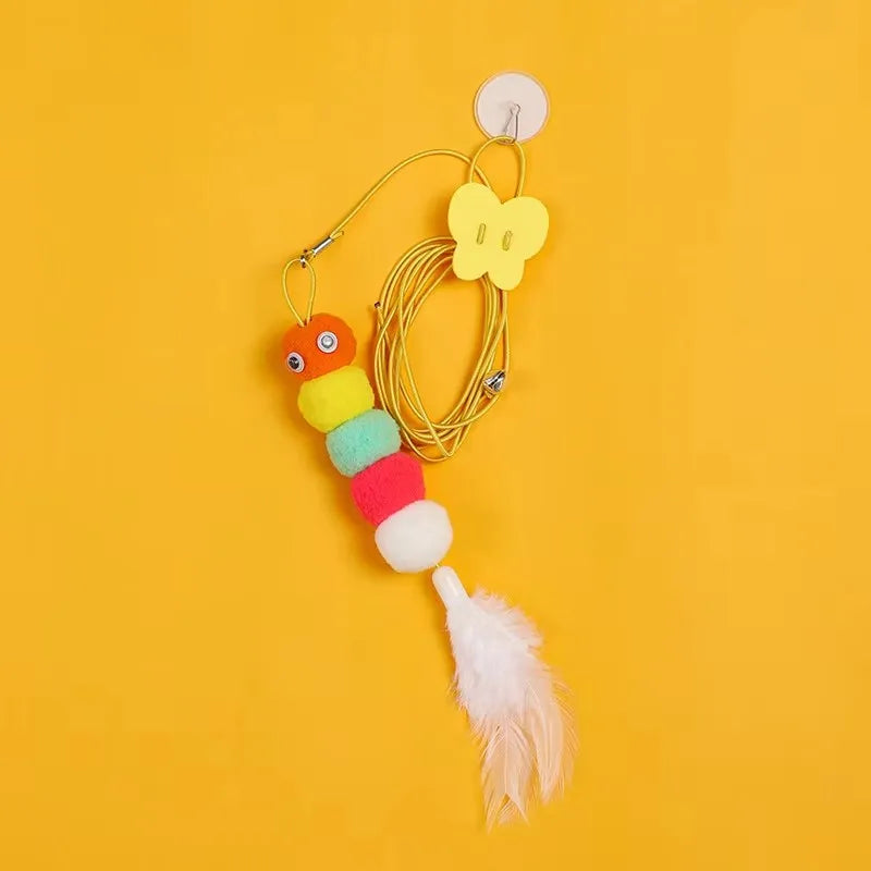 Adjustable Hanging Feather Cat Toy for Door – Elastic Rope Interactive Teaser for Cats & Small Dogs 10–65 in (25–165 cm) Caterpillar