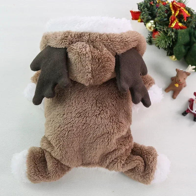 Christmas Dog Hoodie Reindeer & Santa Fleece Coat Winter Warm Pet Jacket for Small to Medium Dogs XS-2XL Brown