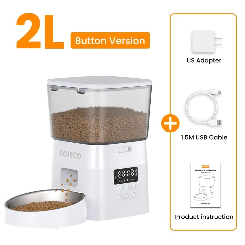 ROJECO Automatic Pet Feeder Button Version Auto Cat Food Dispenser Accessories Smart Control Pet Feeder For Cats Dog Dry Food White With US Plug 2L