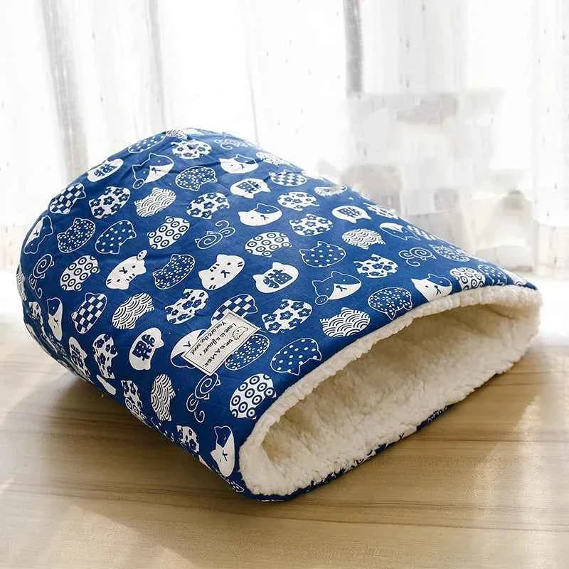 Soft Velvet Fabric Cat/Dog Bed (Up to 18.1 in) - Winter Warm Sleeping Bag Pet House Cartoon Blue