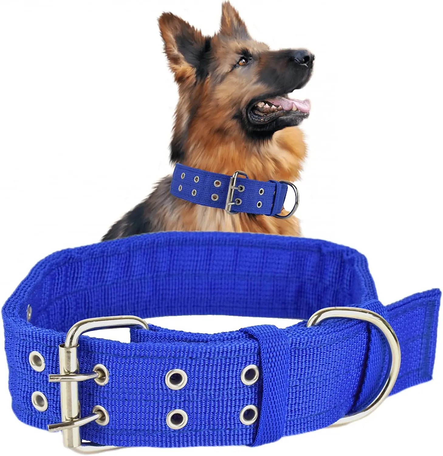 Heavy Duty Wide Military Thick Dog Collars for Large Dogs Adjustable Strong Nylon Tactical Pet Collar with 2-Rows Metal Buckle Blue