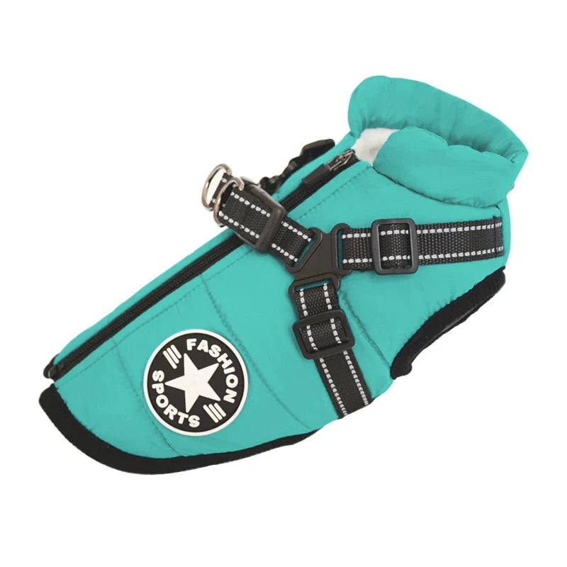 Waterproof Winter Dog Jacket with Built-In Harness, Fleece-Lined & Reflective – Warm Coat for Small to Large Breeds Blue Green