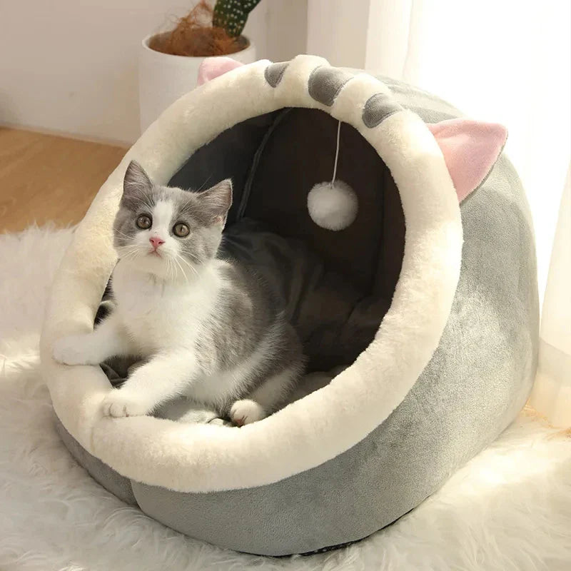 Washable Cozy Cat Bed - Semi-Closed Pet Lounger with Removable Cushion for Cats & Small Dogs (S/M/L) A