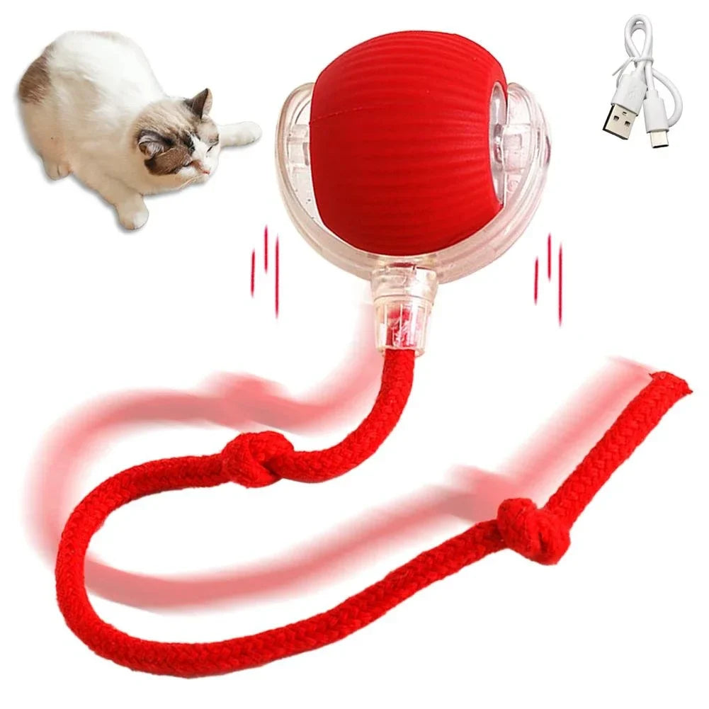Rechargeable Interactive Rolling Cat Toy with Faux Tail - Motion-Activated Ball for Cats & Small Dogs 1PC Red