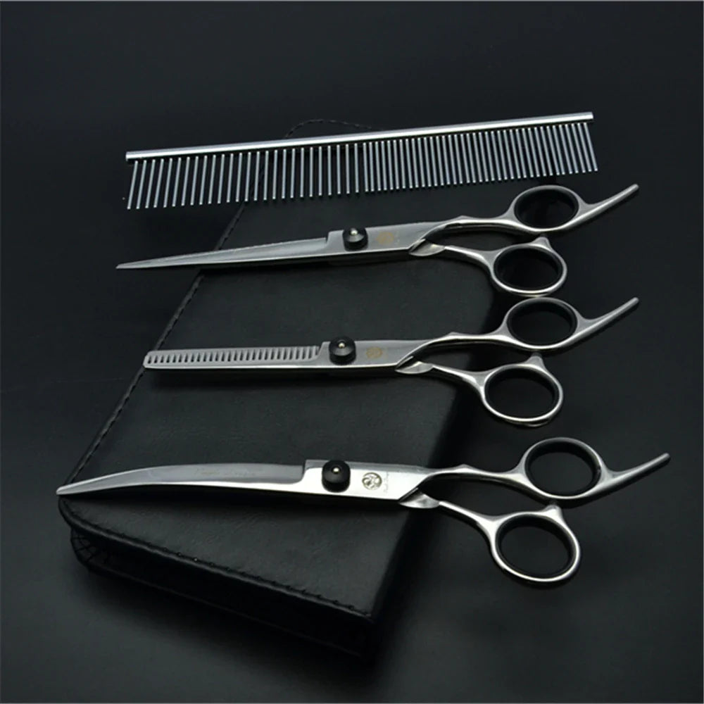Dog Grooming Scissors Set 6" (15 cm) & 7" (17.5 cm) Stainless Steel Pet Shears — Thinning, Curved & Cutting Z3001-Hei-D4-7Y 7 inch