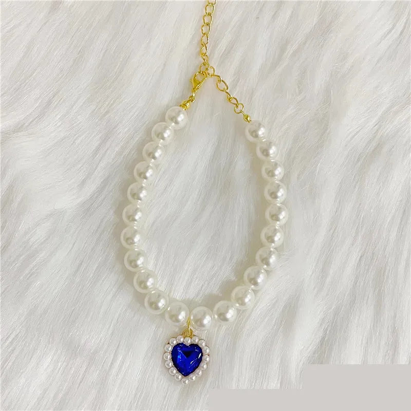 New Pet Collar Pearl Love Necklace Cat Jewelry Cute Collar Puppy Accessories Dog Chain Chihuahua Wedding Jewelry Stuff blue