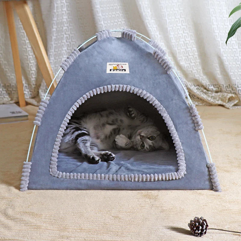 Foldable Cat & Small Dog Tent Bed — Portable Breathable Plush Pet House with Summer Cooling Mat