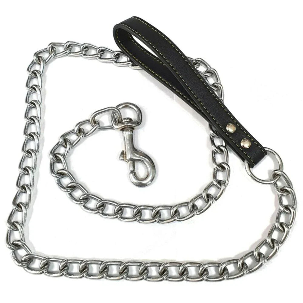 Metal Chain Dog Lead with Leather Style Handle Strong Control Leash Iron Dog Pets Supplies Collars Harnesses Chain Traction Rope