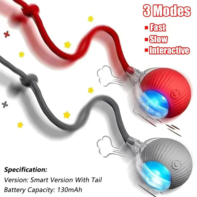 Interactive Rechargeable Cat Ball Toy with Faux Fur Tail — Automatic Rolling Smart Pet Ball (USB-C) for Cats & Small Dogs Red and Grey-Rope
