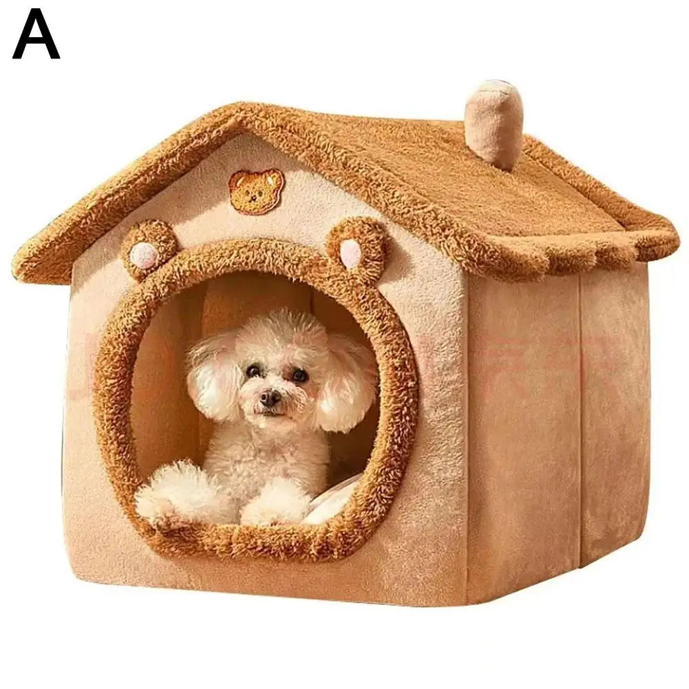Thick Plush Semi-Enclosed Cat & Small Dog House Bed 13 x 11.8 x 12.6 in (33 x 30 x 32 cm) Removable Washable Cushion Non-Slip Base Brown bear CN