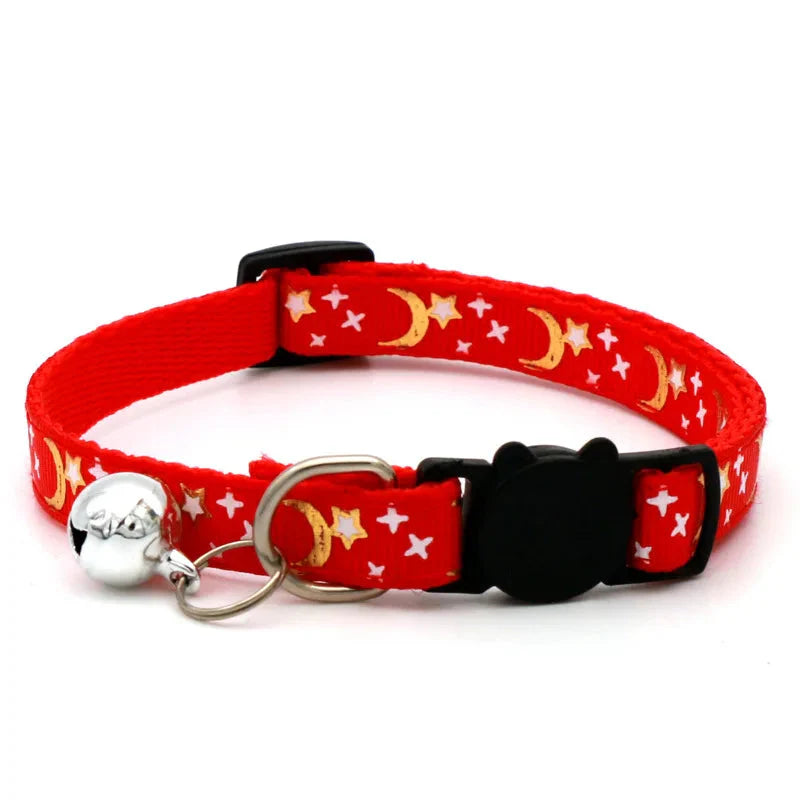 Cat Collar with Bell – Adjustable Star & Moon Pet Necklace Red Adjust 19-32cm