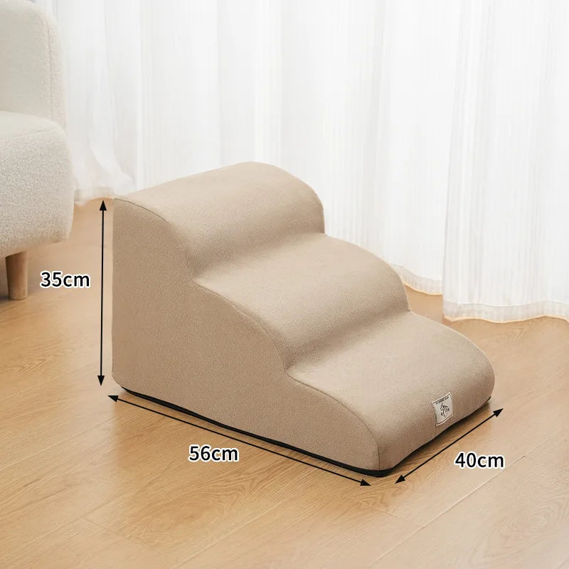 2- or 3-Step Pet Stairs for Dogs & Cats — Removable Washable Non-Slip Ramp for Sofa & Bed, PU Velvet Foam Pet Steps for Small & Senior Pets khaki-M
