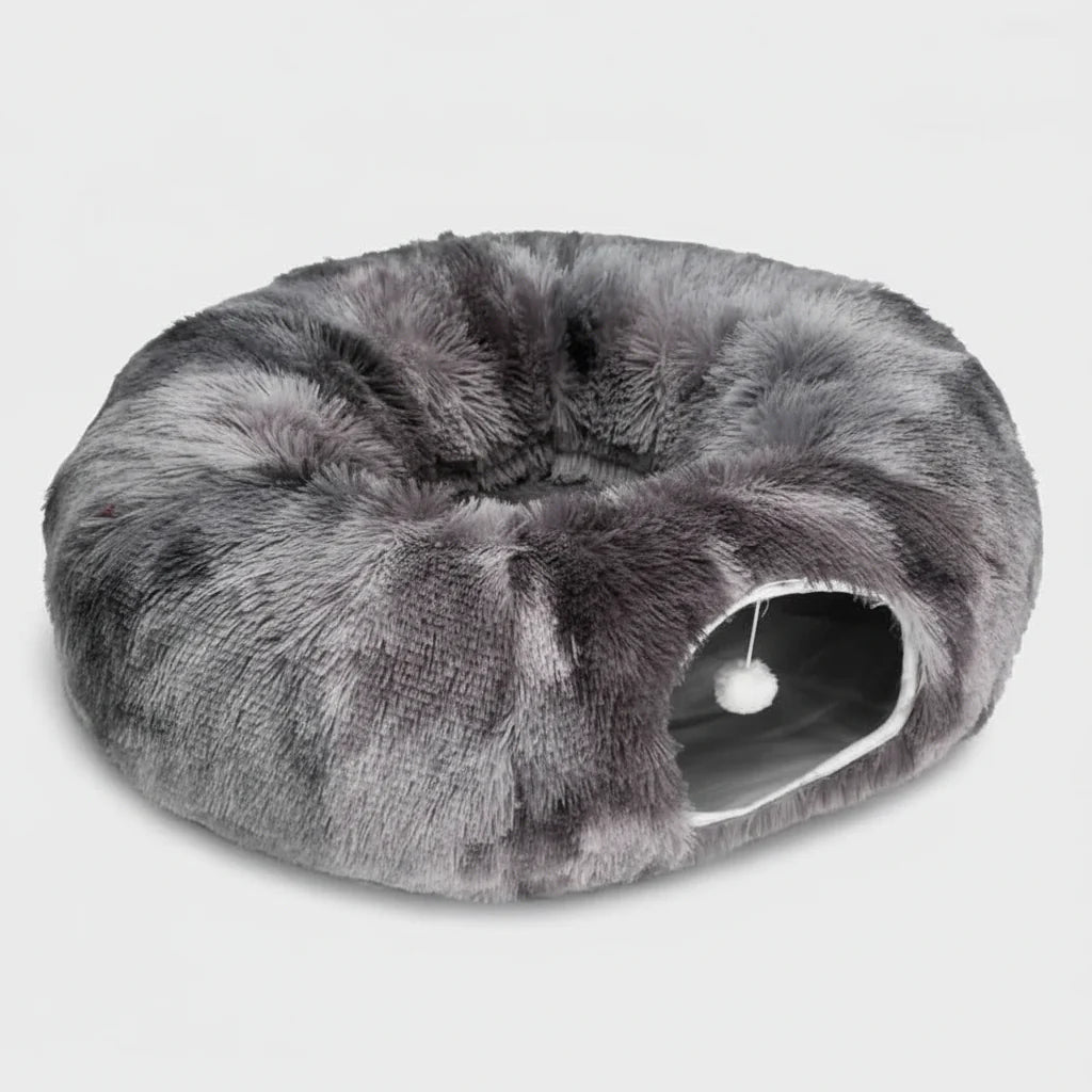 Plush Cat Tunnel Bed – 2-in-1 Cozy Sleeping Bed and Interactive Toy Dark Grey L