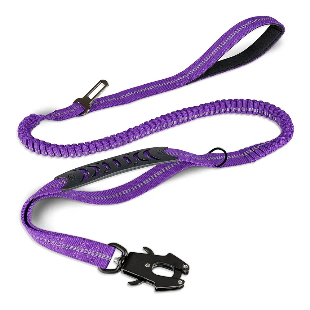 Tactical Dog Leash Heavy Duty, 4-6FT Shock Absorbing Bungee Lead with 2 Padded Handle, Metal Carabiner Clip, Car Seatbelt, Stron PURPLE
