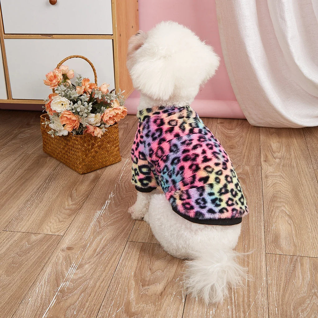 Pet Clothes for Dog Cat Puppy Tank Top Colorful Leopard Fuzzy Coat Sweatshirt Dog Outfits for Small Medium Dog for Autumn Winte